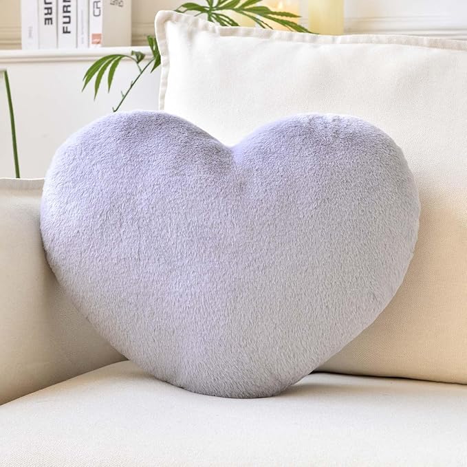 Grey Heart Pillows, Cute Heart Decorative Pillow, Heart Shaped Throw Pillows for Bed, Faux Rabbit Fur Plush Hoom Decor Pillow Cushion for Chair Sofa Living Room (Mini 12.9" x 9.8")