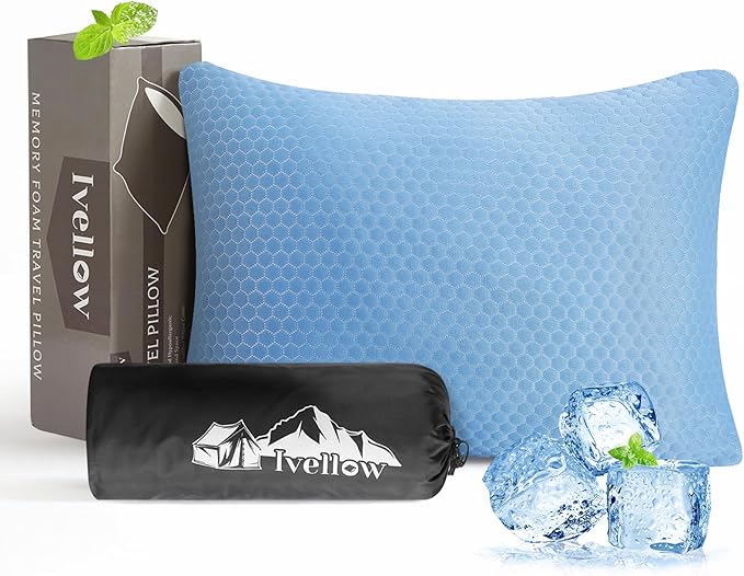 Ivellow Travel Pillow Cooling Camping Pillow for Sleeping Compressible Shredded Memory Foam Pillow Compact Firm Supportive Pillow for Adults Kids Outdoor Backpacking Hiking Essential Gear Blue S