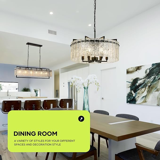 Black Crystal Chandeliers for Dining Room 6-Light, 22” Modern Water Ripple Glass Light Fixture, Farmhouse Round Lighting for Kitchen Island, Bar Table
