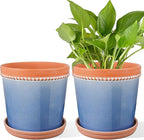 6 Inch Plant Pots, Ceramic Pots for Plants with Drainage Hole and Saucer,Modern Flower Pots Indoor/Outdoor Pot for Plants,Set of 2 - Crackle Glaze Blue