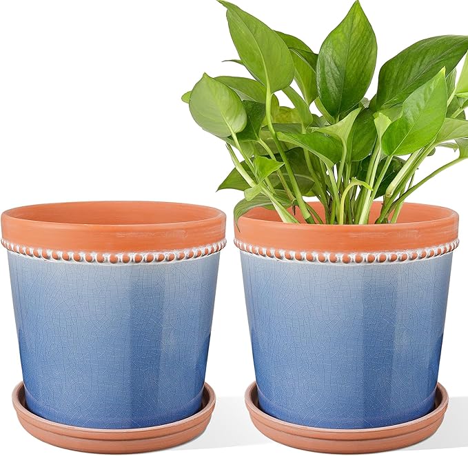 6 Inch Plant Pots, Ceramic Pots for Plants with Drainage Hole and Saucer,Modern Flower Pots Indoor/Outdoor Pot for Plants,Set of 2 - Crackle Glaze Blue