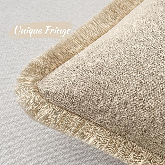 MIULEE Decorative Throw Pillow Covers Neutral Linen Fringe Throw Pillows Set of 2 Beige Boho Farmhouse Cushion Covers with Tassels for Couch Sofa Bed Living Room Spring Home Decor 18x18 Inch