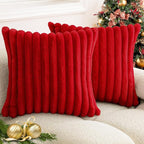 Christmas Red Faux Fur Plush Throw Pillow Covers 16x16 Set of 2 Fuzzy Striped Soft Cozy Pillowcase Luxury Decorative Pillows Square Fluffy Cushion Covers for Couch Bed Living Room