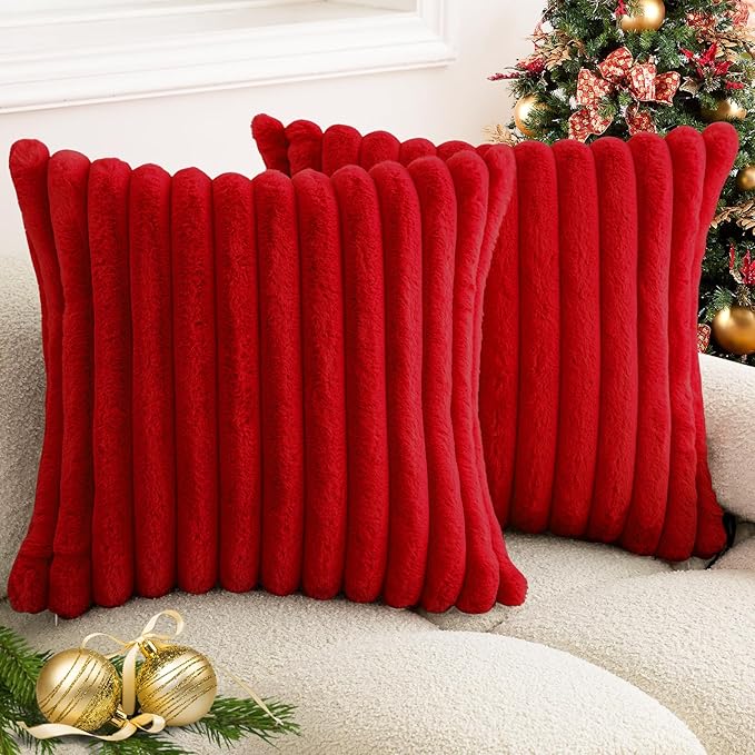 Christmas Red Faux Fur Plush Throw Pillow Covers 16x16 Set of 2 Fuzzy Striped Soft Cozy Pillowcase Luxury Decorative Pillows Square Fluffy Cushion Covers for Couch Bed Living Room