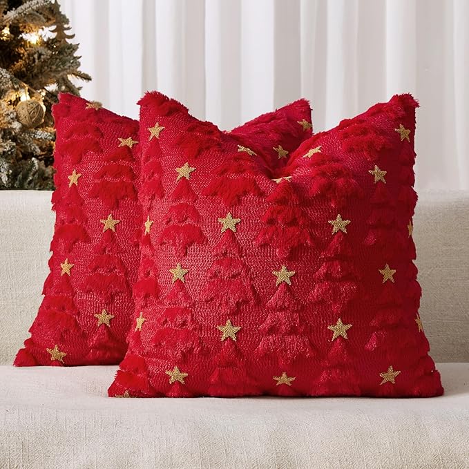 MIULEE Christmas Pillow Covers 18x18 Inch Set of 2, Red Christmas Tree Plush Faux Fur Pillowcases Soft Decorative Throw Pillow Cases for Couch Sofa Living Room Winter Xmas Holiday Home Decor