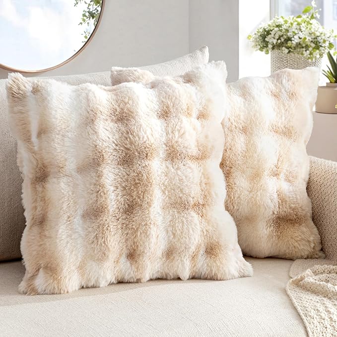 MIULEE Pack of 2 Decorative Pillow Covers Thick Soft Plush Faux Fur Throw Pillows Luxury Home Decor for Couch Bedroom Living Room Sofa,20x20 Inch White-Beige