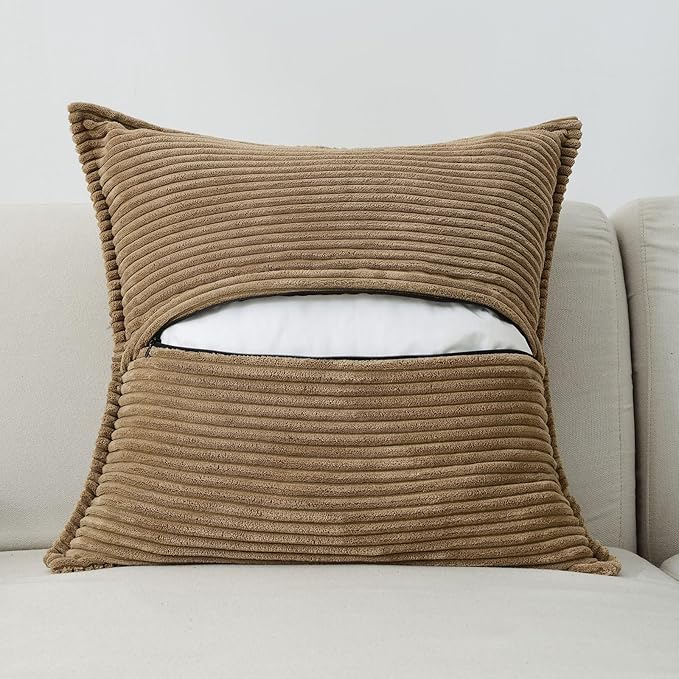 HAUSSY Brown Throw Pillow Covers 22x22 Inch Set of 2, Soft Corduroy Solid Striped,Square Decorative Cushion Case,Winter Home Decorations for Couch,Bed