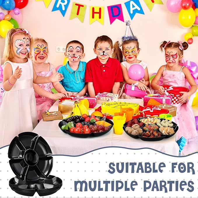 Zhehao 6 Pcs Plastic Divided Serving Trays with 60 Pcs Disposable Fork, 7 Compartments Round Chip Dip Plate, Petal Shape Platter, 10.6'' Snacks Serving Dish for Party Candy Nuts Fruits (Black)