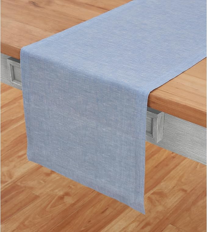 Solino Home Linen Table Runner 36 Inches - 100% Pure Linen Chambray Blue Table Runner 14 x 36 Inch Ideal for Dresser and Coffee Tables - Athena