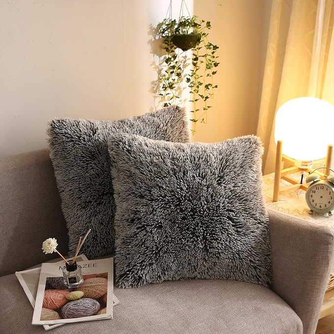 XeGe 2 Pieces Faux Fur Throw Pillow Covers, Shaggy Fluffy Cushion Covers, Cute Fuzzy Decorative Pillow Covers, Plush Furry Velvet Pillowcases for Bed Couch Living Room (18''x18'', Dark Gray Ombre)