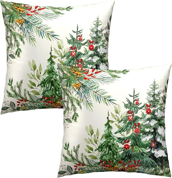 Christmas Tree Throw Pillow Covers 18x18 Set of 2, Xmas Pine Trees Bells Winter Holiday Farmhouse Decorative Pillow Cases Cotton Cushion Cover for Home Room Bed Sofa Couch Chair