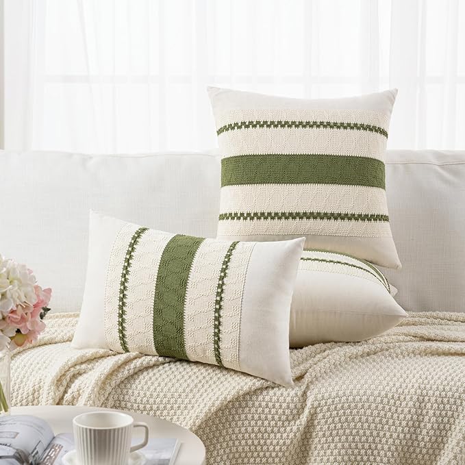 Fancy Homi Set of 2 Boho Moss Green Lumbar Decorative Throw Pillow Cover 12x20 Inch for Couch Bed Sofa Chair, Modern Organic Farmhouse Home Decor, Soft Cotton Cute Accent Rectangle Cushion Case