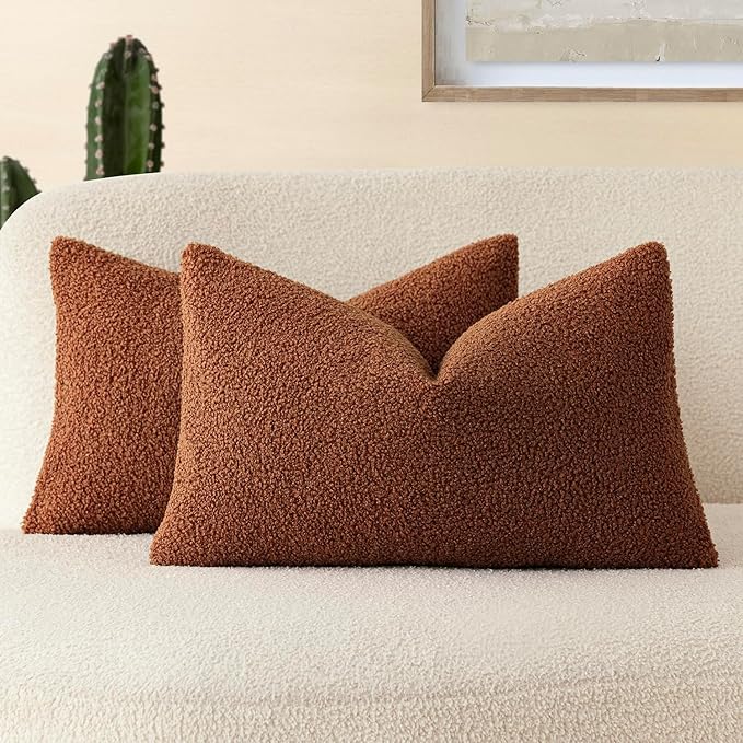 Foindtower Pack of 2, Curly Faux Fur Decorative Throw Pillow Covers Soft Fuzzy Plush Cushion Case with Zipper Cozy Pillowcase for Home Living Room Couch Bed Sofa 12 x 20 Inch,Hazel Brown