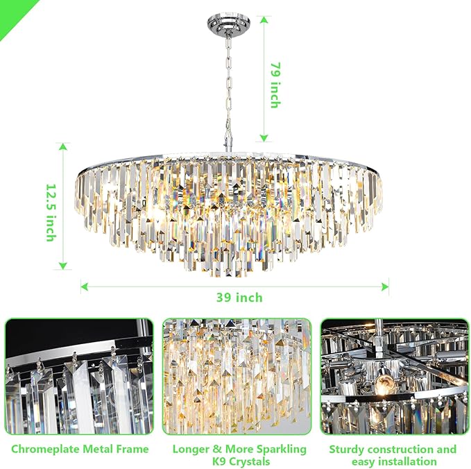 Chrome Modern Round Top K9 Crystal Chandelier Lighting Fixture, 17 Lights Round K9 Crystal Adjustable Hanging Lamp for Dining Room Bedroom Living Room,Hallway,Bar,Kitchen W39''