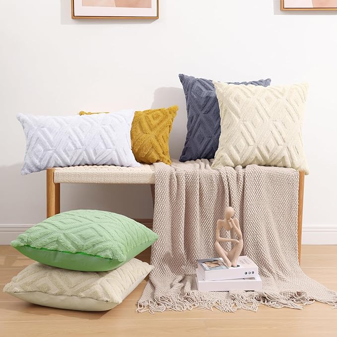 Pallene Beige Throw Pillow Covers 16x16 Set of 2, Soft Plush Faux Fur Decorative Couch Pillow Covers for Sofa Bed Living Room Pillow Cases with 3D Diamond Pattern