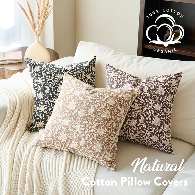 Floral Throw Pillow Covers 24x24 Farmhouse Block Print Pillow Covers Decorative Pillow Covers Couch Pillows for Living Room Vintage Accent Sofa Pillows Set of 2, Black