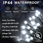 KNONEW 403FT 1000 LED Christmas Lights Outdoor String Light 8 Modes & Timer Fairy Lighting Plug in Waterproof for Xmas Yard Tree Wedding Party Holiday Decorations (Cool White)