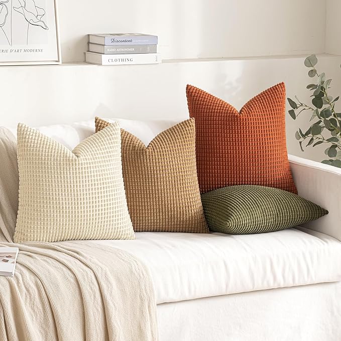 MIULEE Modern Farmhouse Decorative Pillow Covers 18x18 Inch Set of 4 Natural Rustic Throw Pillows Neutral Warm Soft Corduroy Couch Pillowcases Home Decor for Sofa Living Room Bed Brown Green