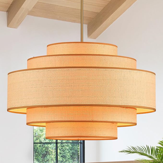 Farmhouse 26" Large Drum Rattan Chandelier 6-Lights Vintage Boho Rattan Chandelier Retro Vintage Bamboo Drum Chandeliers for Dining Room, Kitchen Island, Living Room, Bedroom