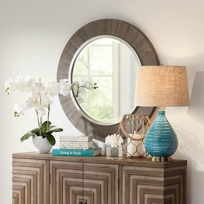 360 Lighting Kayley Mid Century Modern Coastal Table Lamp Textured Ceramic 24" High Sky Blue Glaze Linen Fabric Tapered Drum Shade for Living Room Bedroom House Bedside Nightstand Home