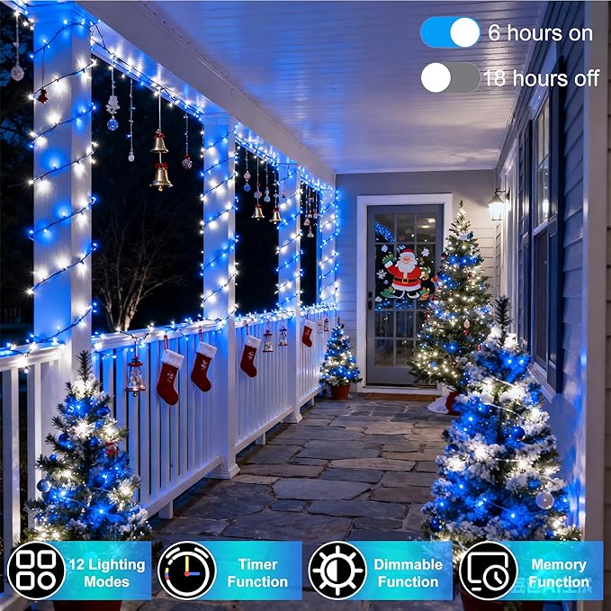 750 LED 256FT Christmas String Lights, Christmas Light with 8 Lighting Modes & Timer Memory, Plug in Outdoor Waterproof Clear Wire Twinkle Light for for Xmas Yard Tree Party Decor Blue and White