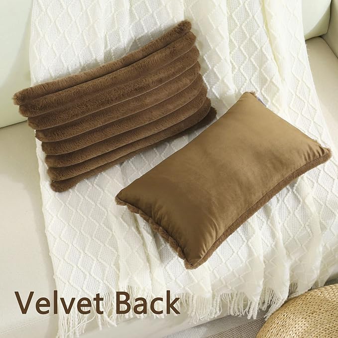 FUTEI Tan Striped Decorative Throw Pillow Covers 12x20 Inch Set of 2,Rectangle Winter Decorations Couch Lumbar Pillowcase,Soft Cozy Faux Rabbit Fur & Velvet Back,Modern Home Decor for Bed