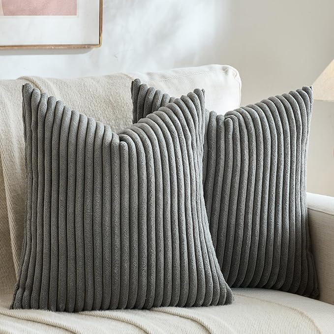 Fancy Homi Set of 2 Dark Gray Boho Decorative Throw Pillow Covers 20x20 Inch for Couch Bed Sofa, Aesthetic Modern Bohemian Room Decor, Soft Fuzzy Fluffy Cozy Corduroy Textured Cushion Case 50x50cm