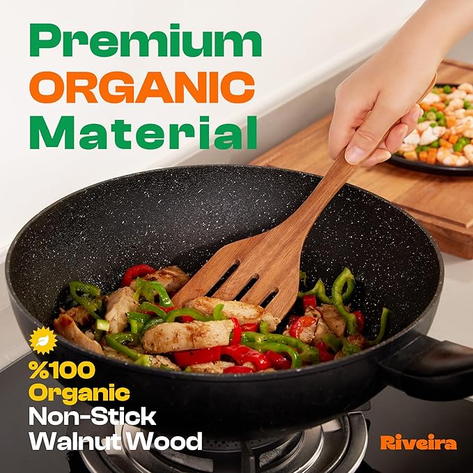 Riveira Walnut Wooden Cooking Utensils Set of 9 Premium Quality Non-Toxic Wooden Spoons, Spatula & Serving Utensils for All Cookware