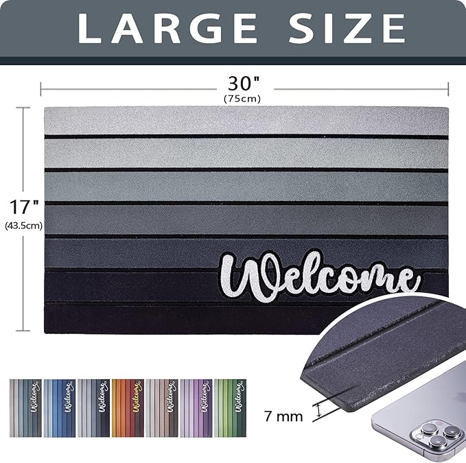 Bulijojo Grey Entrance Door Mat Large 17 x 30 Inch Entry Way Doormat Front Door Rug Outdoor Heavy Duty Welcome Mat, Non Slip Rubber Back Low Profile