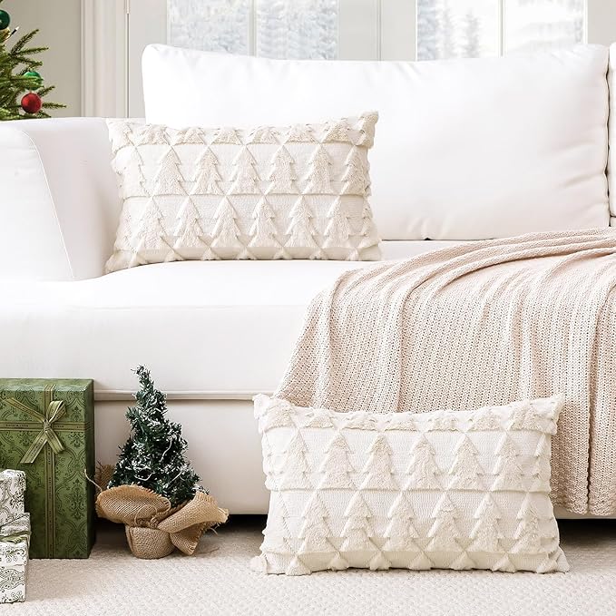 OTOSTAR Set of 2 Soft Plush Short Wool Velvet Decorative Throw Pillow Covers Square Luxury Style Cushion Case Pillow Shell for Sofa Bedroom Christmas Tree Cream Beige, 12x20 Inch