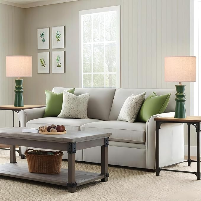 24.75" Green Ceramic Table Lamp Set of 2-3-Way Dimmable Nightstand Lamps with Pallid Shade for Bedroom Farmhouse Bedside Nightstand Bedside Lamp End Table Lamps (Dark Green)