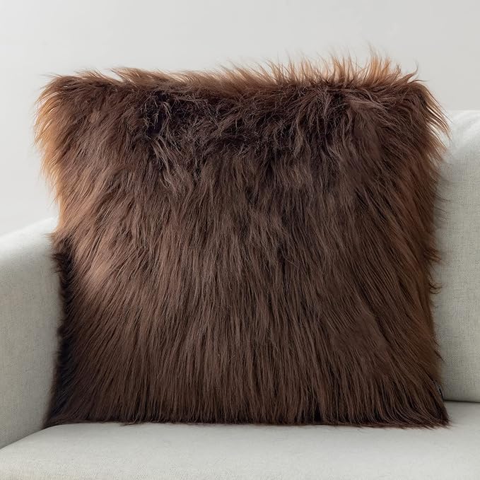 Phantoscope Faux Fur Pillow Cover Decorative Fluffy Throw Pillow Mongolian Luxury Fuzzy Pillow Case Cushion Cover for Bedroom and Couch,Coffee 26 x 26 Inches