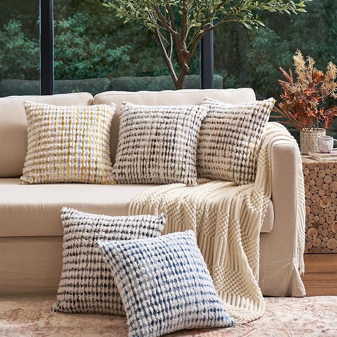 Aeckself Boho Chenille Tufted Pillow Cover 18x18 Inch, Decorative Square Throw Pillow Cover Neutral Pillowcase for Couch Bedroom Living Room, Blue White