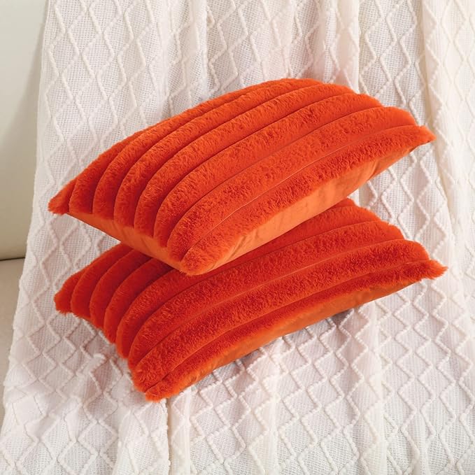 FUTEI Burnt Orange Striped Decorative Throw Pillow Covers 12x20 Inch Set of 2,Rectangle Winter Decorations Couch Lumbar Pillowcase,Soft Cozy Faux Rabbit Fur & Velvet Back,Modern Home Decor for Bed