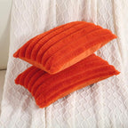 FUTEI Burnt Orange Striped Decorative Throw Pillow Covers 12x20 Inch Set of 2,Rectangle Winter Decorations Couch Lumbar Pillowcase,Soft Cozy Faux Rabbit Fur & Velvet Back,Modern Home Decor for Bed