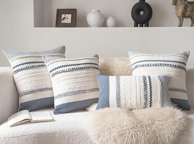 Boho Throw Pillow Covers 20x20 Inch Set of 2, Navy Blue Textured Decorative Couch Pillow Cases for Farmhouse Home Decor, Accent Cushion Cover for Sofa, Bed, Living Room, Bedroom