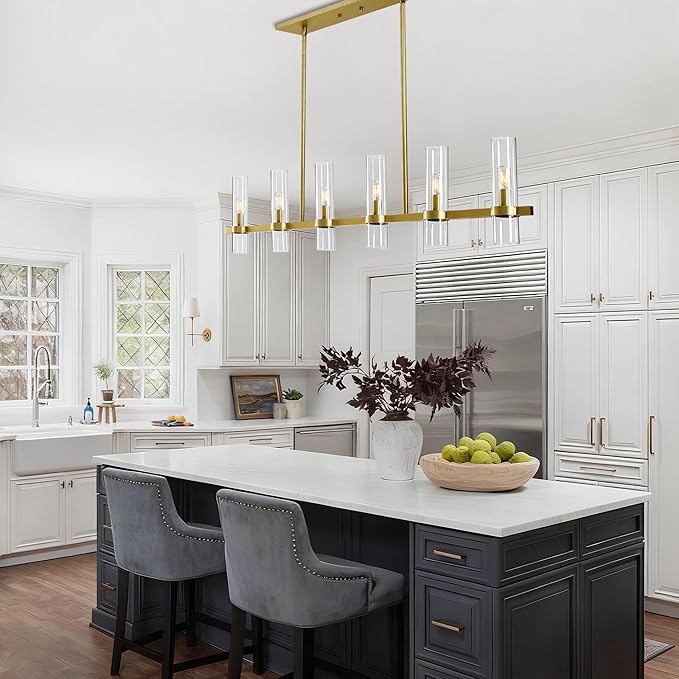 Untrammelife 6-Light Modern Linear Chandelier, 36" Gold Kitchen Island Pendant Lighting with Clear Glass Shade, Adjustable 54" Metal Rod Farmhouse Rectangle Hanging Light Over Table, Dining Room