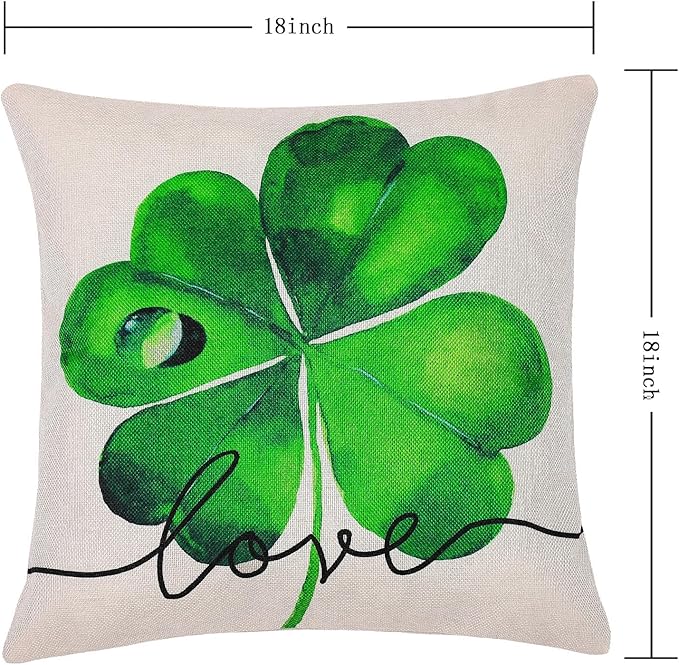 St Patricks Day Decor-Throw Pillow Covers 18x18 in Set of 4,Shamrock Linen Pillow Case with Green Hat Irish for Large Couch Sofa Home Indoor Outdoor Holiday Decorations