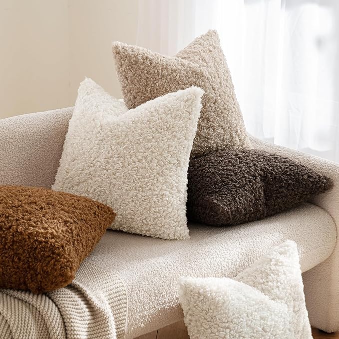 MIULEE Pack of 2 Lumbar Faux Fur Throw Pillow Covers 12x20 Inch Neutral White Boucle Decorative Sherpa Pillow Covers Fuzzy Accent Soft Sheepskin Fleece for Boho Home Decor Sofa Living Room Bed Chair