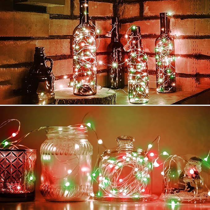 QITONG 4 Pack Red and Green Solar Christmas Lights, Each 33ft 100 LED Fairy Lights Outdoor Waterproof, 8 Modes Mini Twinkle String Lights for Outside