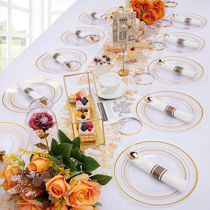 WELLIFE 210PCS Clear-Gold Plastic Plates - Dinnerware Sets for 30 Guests - 60 Disposable Plates, 90 Plastic Silverware, 30 Cups, 30 Napkins for Party