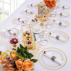 WELLIFE 210PCS Clear-Gold Plastic Plates - Dinnerware Sets for 30 Guests - 60 Disposable Plates, 90 Plastic Silverware, 30 Cups, 30 Napkins for Party