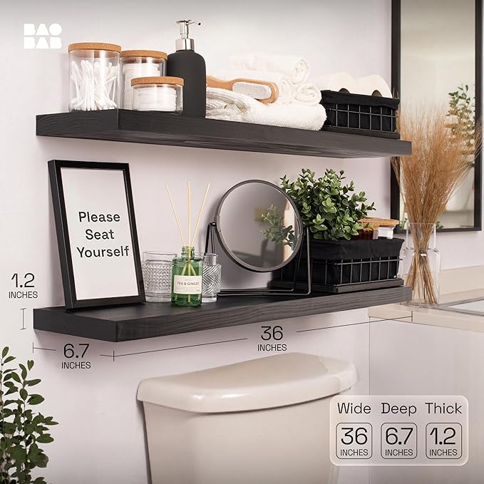 BAOBAB WORKSHOP Wood Floating Shelves for Wall 36 Inches Long - Heavy Duty Wall Shelf for Bedroom, Solid Wooden Bathroom Shelves Large 36 Inch Kitchen Farmhouse - Black Shelf, 36W × 6.7D, Set of 2