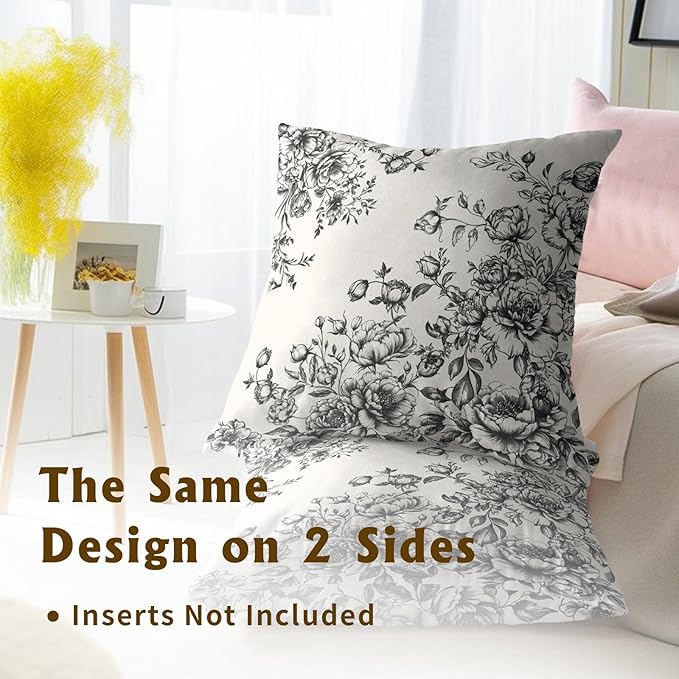 Vintage Flower Pillow Covers 22x22 Inch Set of 2 Black White Chinoiserie Floral Rustic Farmhouse Square Pillowcases Cotton Cushion Cover for Couch Patio Sofa Bed Home Decoration