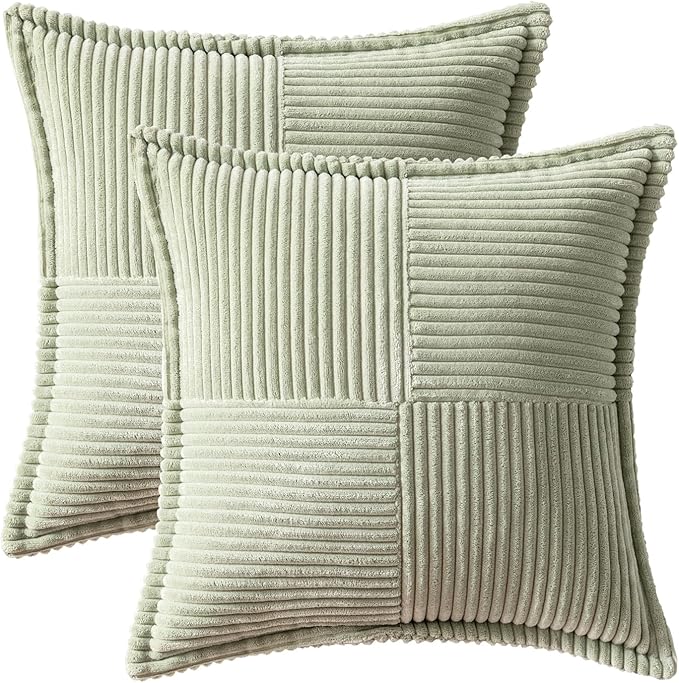 MIULEE Decorative Throw Pillow Covers for Couch Bed Livingroom 18x18 Inch Set of 2 Light Green Boho Accent Throw Pllows Broadside Striped Patchwork Soft Corduroy Summer Pillowcases