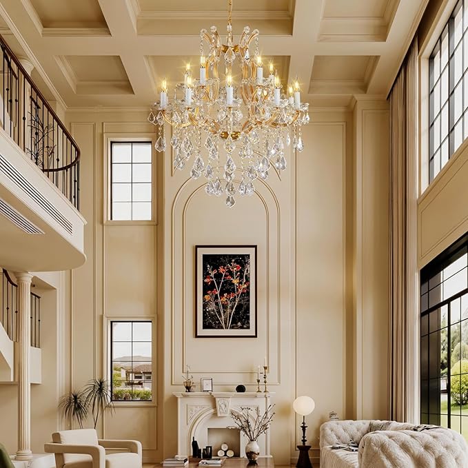Modern Crystal Chandeliers, Gold Candle Chandelier -Luxury Chandelier Lighting Fixtures for Dining Room, Foyer, Staircase Hallway Living Room Entryway, 12 Lights