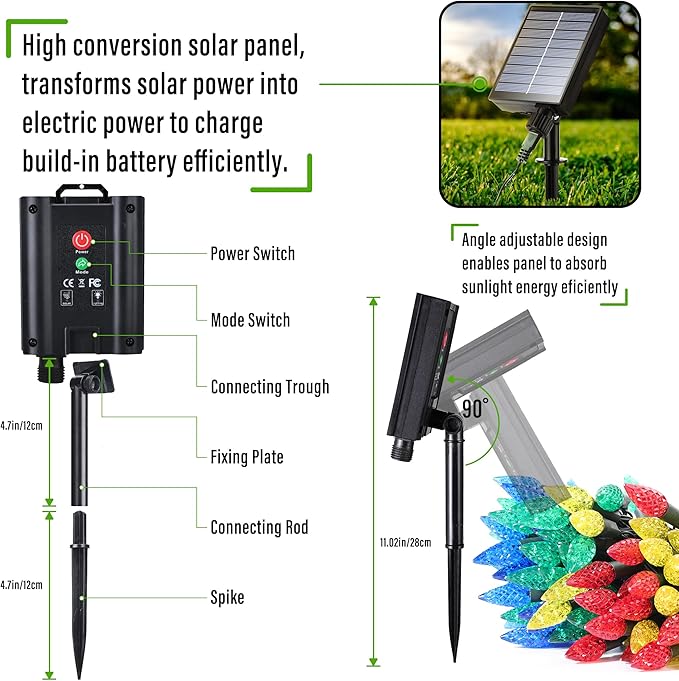iBaycon Solar C6 Christmas Lights Outdoor, 48FT 100LED C6 Strawberry String Light, 8 Modes Solar Powered Lights String for Xmas Tree House Eaves Roof Christmas Holiday Decorations