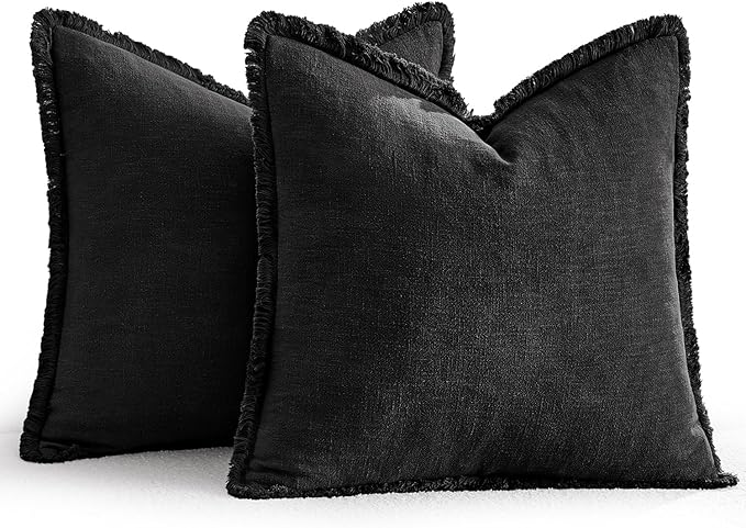 EMEMA Linen Fringe Throw Pillow Covers Set of 2 Boho Farmhouse Accent Decorative Pillowcase with Tassels for Couch Sofa Bed Living Room Home Decor 24x24 Inch,Black