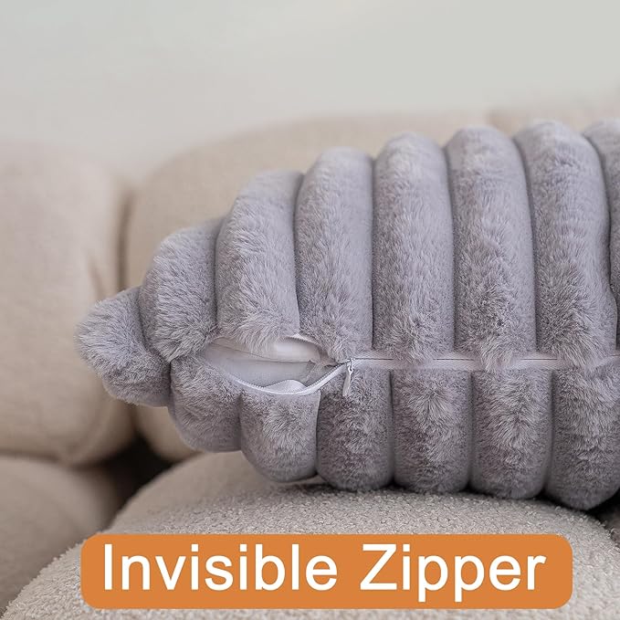 Double-Sided Faux Fur Plush Throw Pillow Covers 22x22 Set of 2 Fuzzy Striped Soft Cozy Pillowcase Luxury Decorative Pillows Square Fluffy Cushion Covers for Couch Sofa Bed,Light Grey