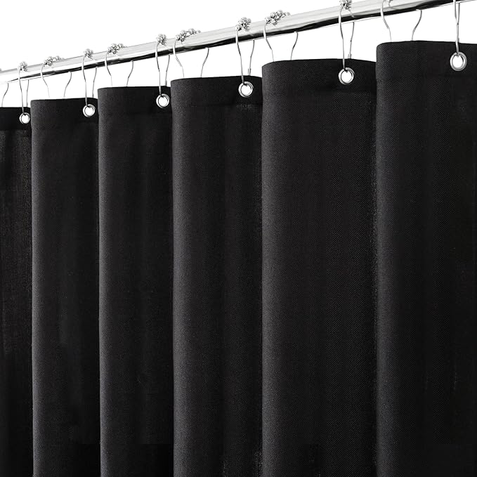 96 Inches Extra Long Black Linen Shower Curtain , Heavy Duty Cloth Bath Curtain Set with 12 Plastic Hooks Simple Hotel Spa Quality Luxury Shower Curtain for Bathroom, Water Repellent, 72Wx96L